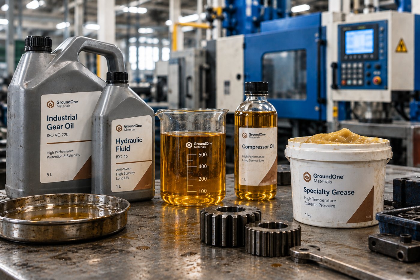 Industrial lubricants range: gear oil, hydraulic fluid, compressor oil and specialty grease